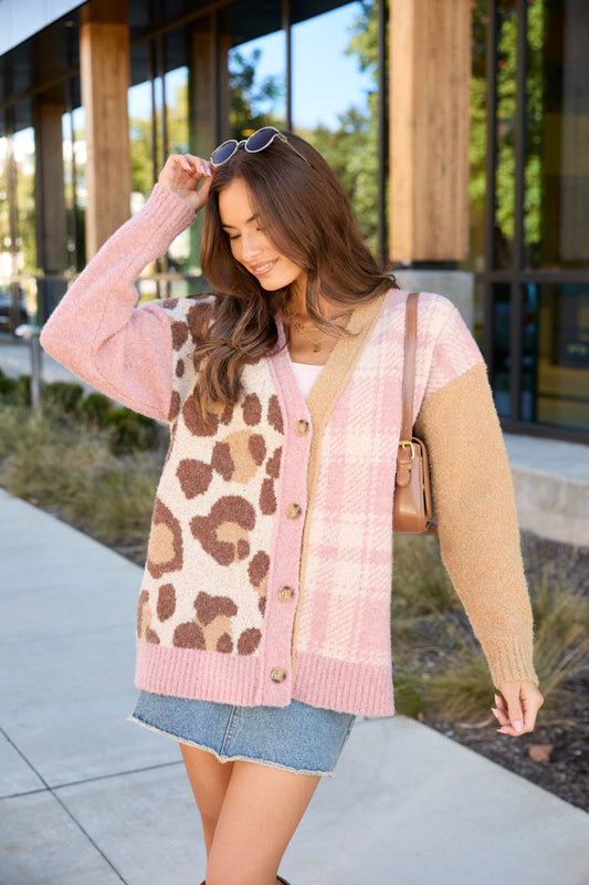 Maleah Pink Plaid And Animal Print Cardigan SALE