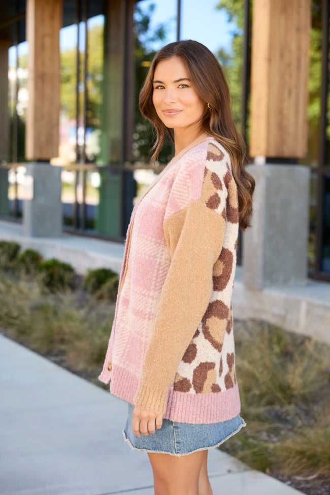 Maleah Pink Plaid And Animal Print Cardigan SALE