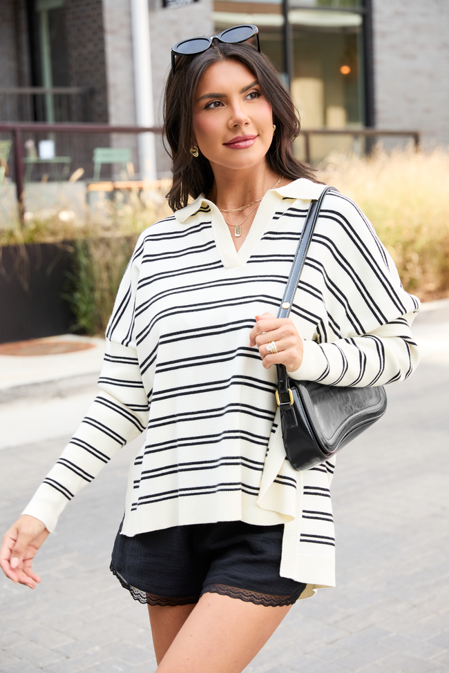 Jurnee Ivory and Black Striped V-Neck Sweater
