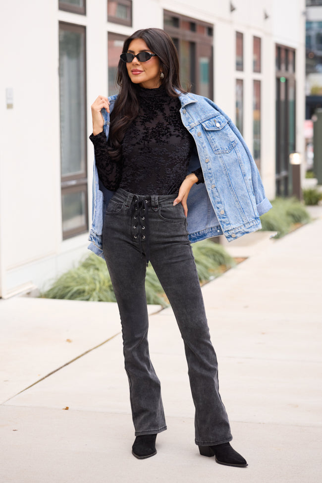 Lux Black Applique Mesh Turtleneck Top