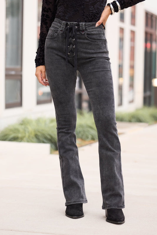 My Favorite Black Lace Up Flare Jeans