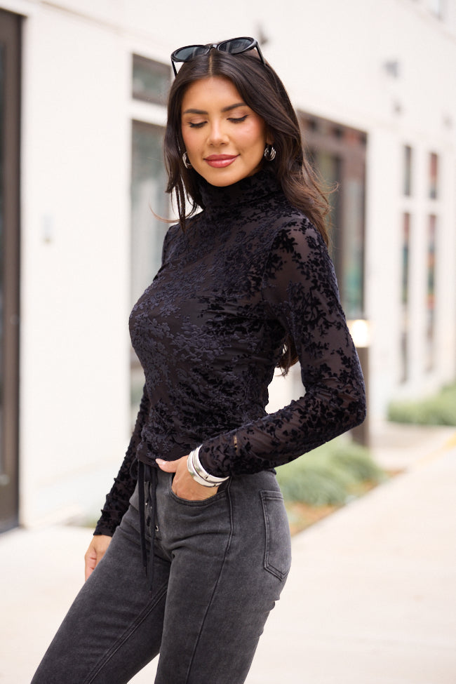 Lux Black Applique Mesh Turtleneck Top
