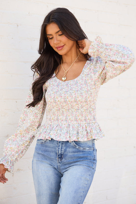 Petunia Long Sleeve Smocked Floral Woven Top