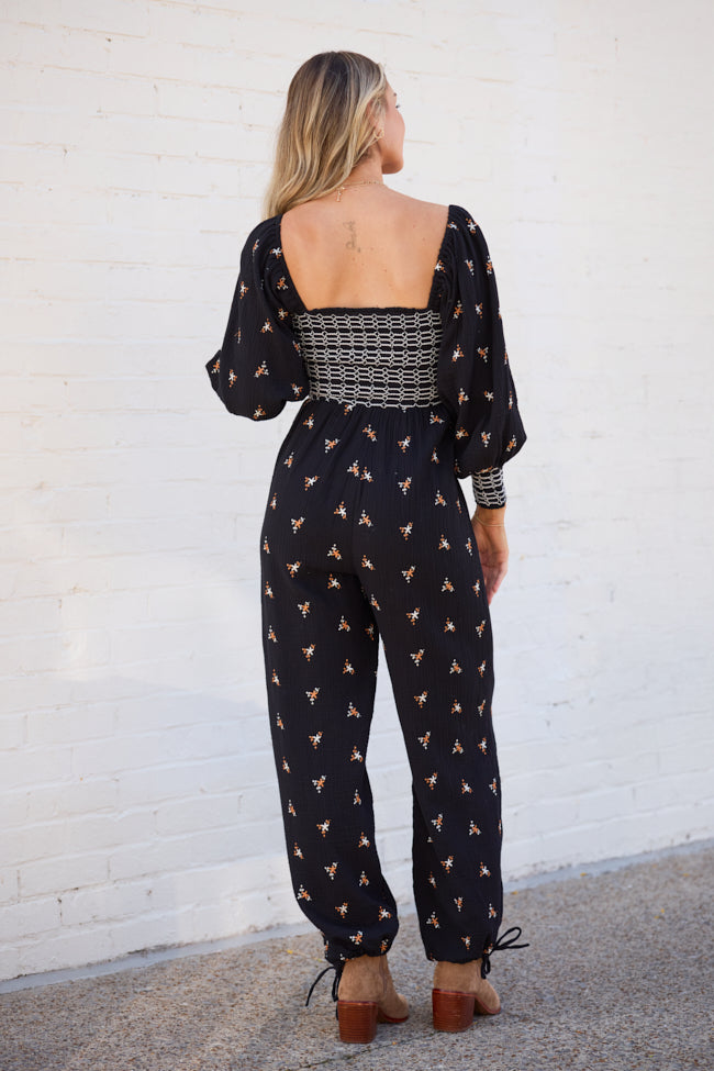 Dress To Impress Black Floral Stitched Smocked Top Jumpsuit FINAL SALE