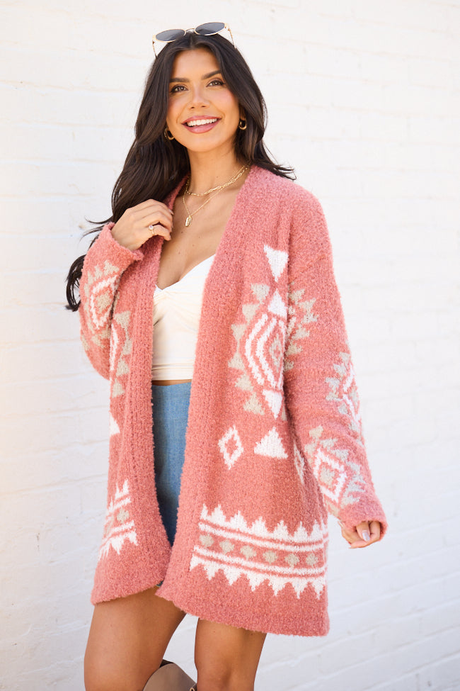 Traci Boucle Coral Southwestern Print Cardigan SALE