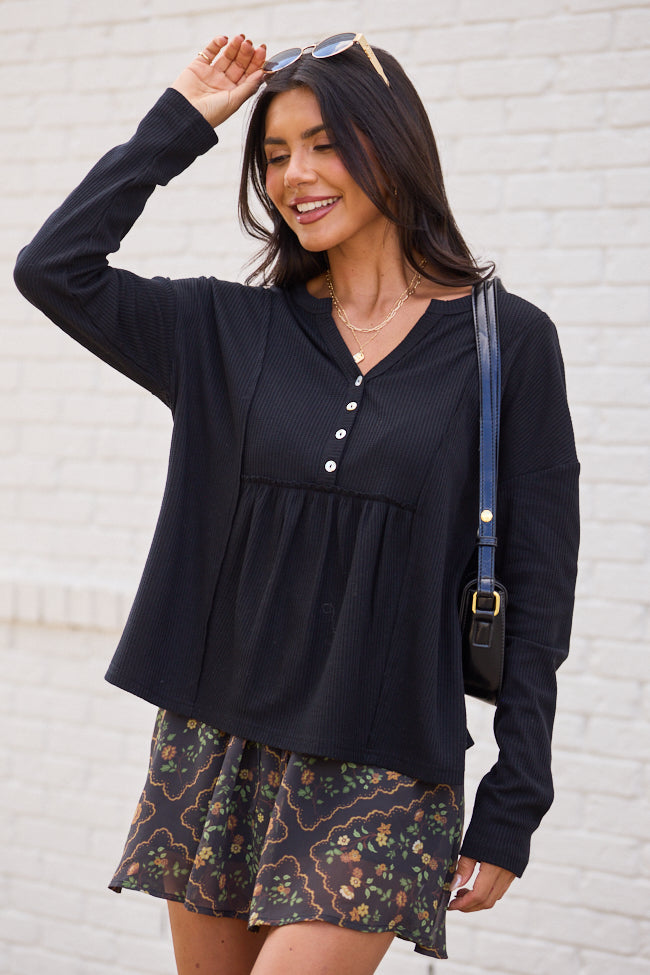 Kenna Black Long Sleeve Henley Top