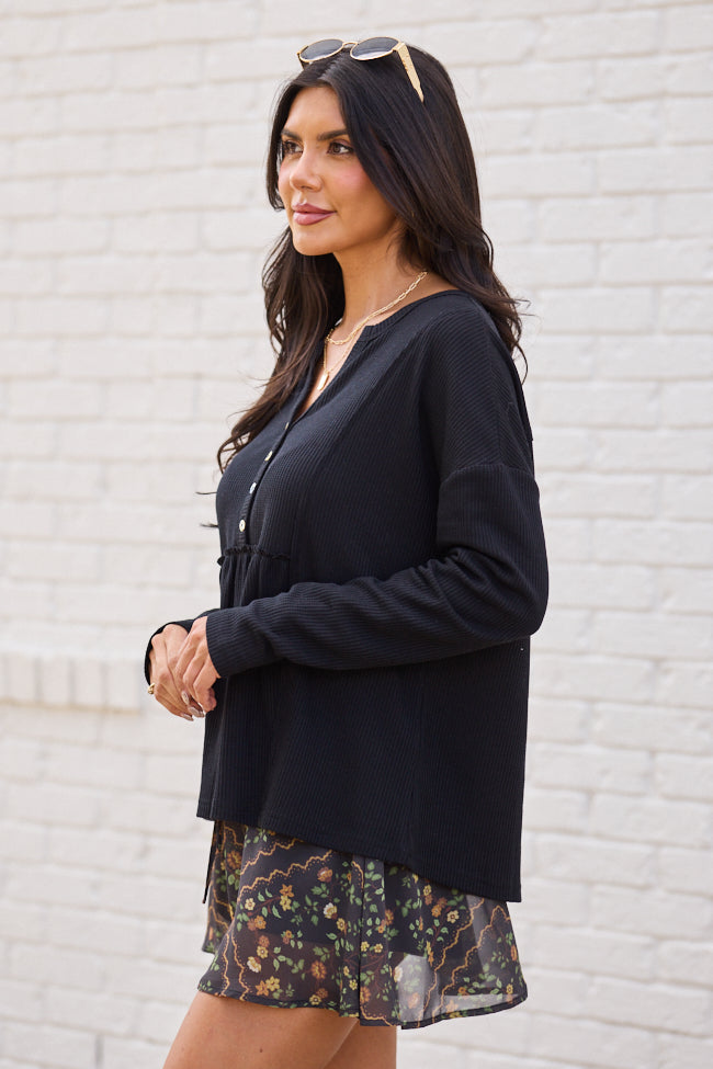 Kenna Black Long Sleeve Henley Top