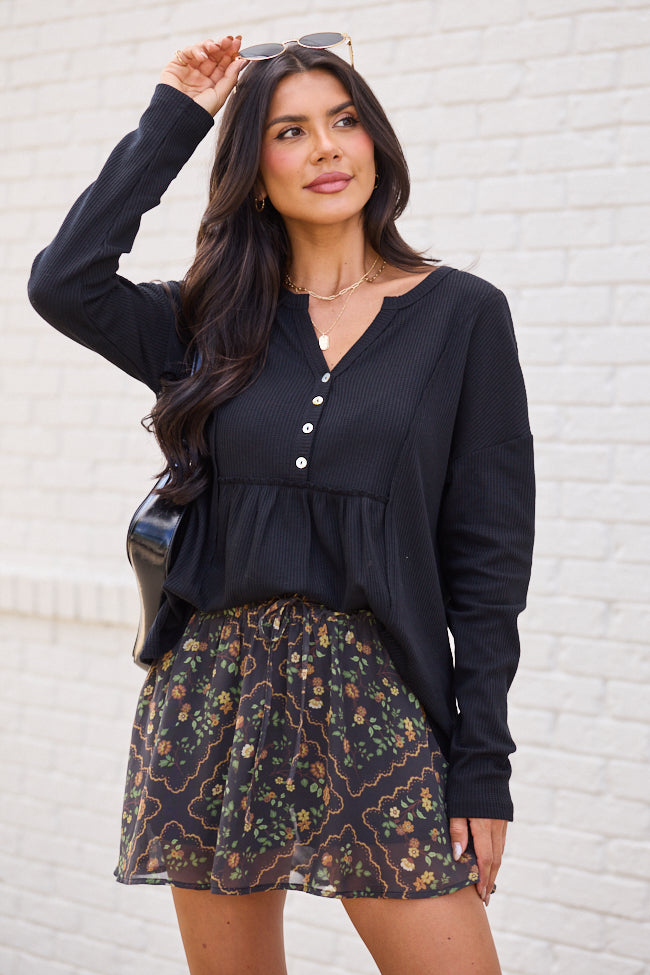 Kenna Black Long Sleeve Henley Top