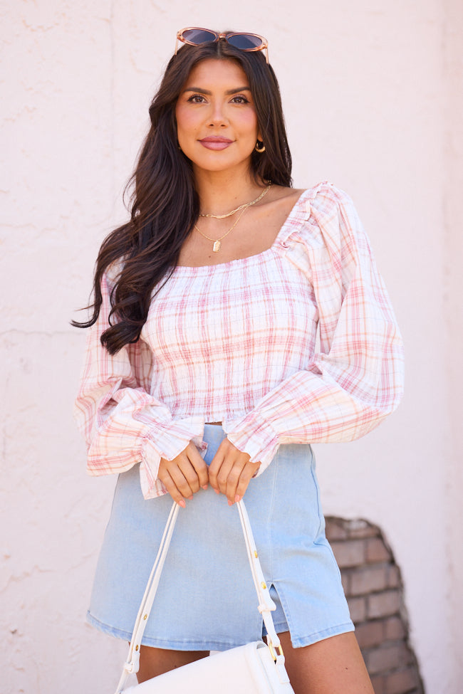 Willow Pink Plaid Smocked Balloon Sleeve Top