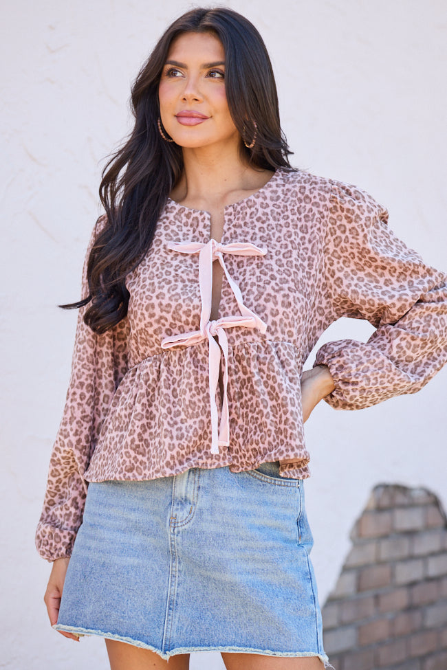 Talyn Pink Leopard Velvet Tie Front Top