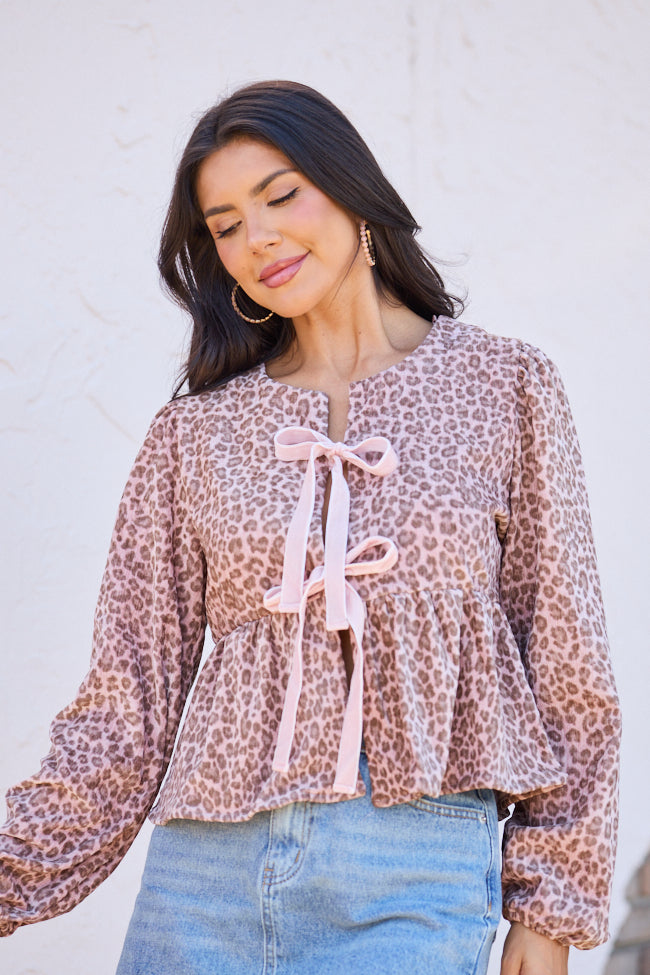 Talyn Pink Leopard Velvet Tie Front Top