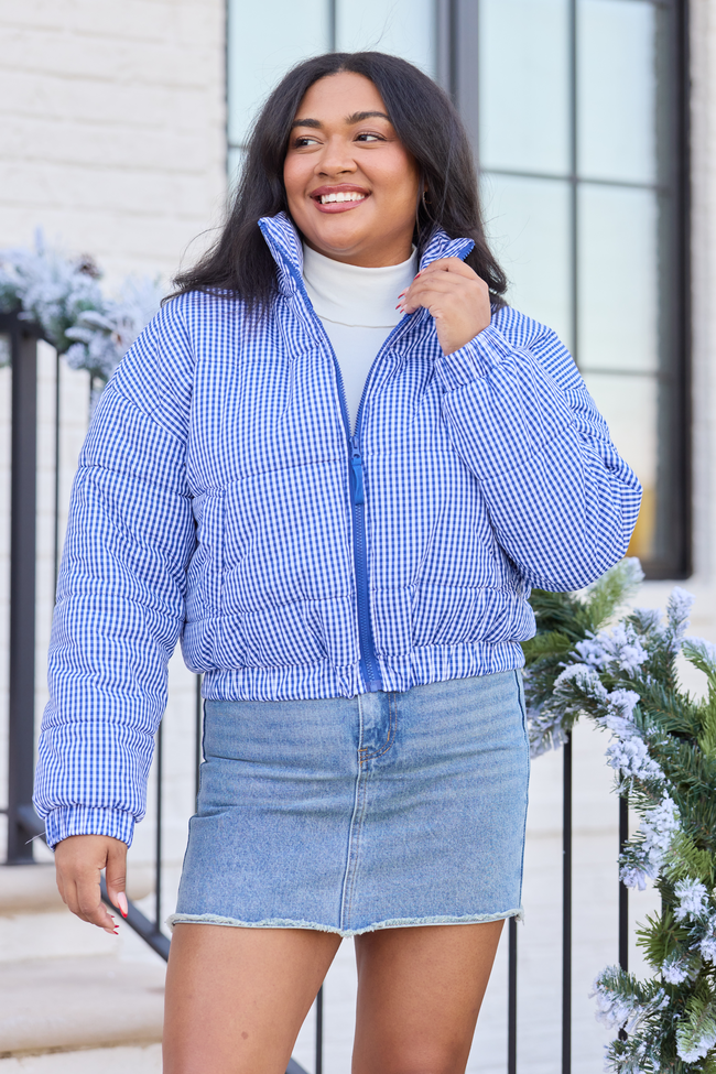 Paloma Navy Blue Gingham Zip Up Puffer Jacket SALE