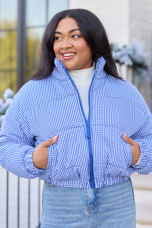 Paloma Navy Blue Gingham Zip Up Puffer Jacket SALE