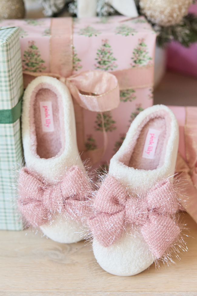 Cozi Pink Tinsel Bow Shearling Slippers SALE