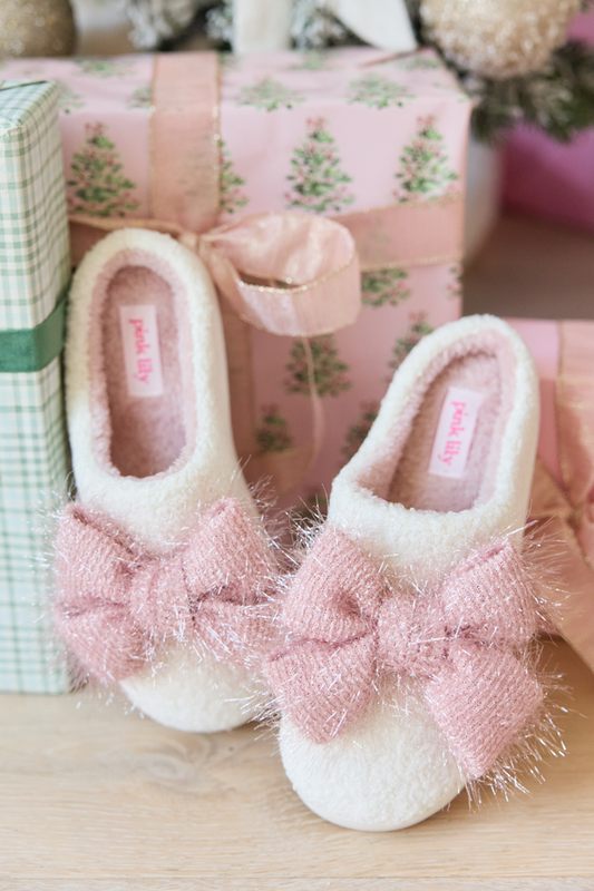 Cozi Pink Tinsel Bow Shearling Slippers SALE