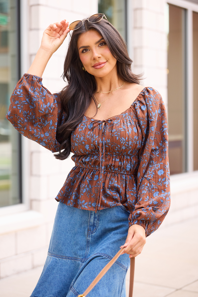 Vesper Brown And Blue Ruched Waist Top