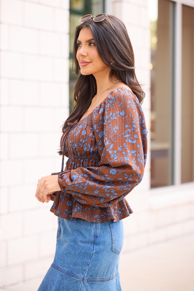 Vesper Brown And Blue Ruched Waist Top