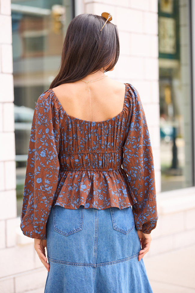 Vesper Brown And Blue Ruched Waist Top