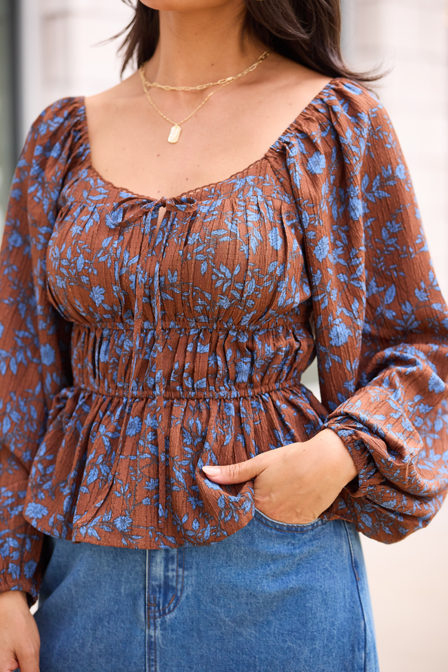 Vesper Brown And Blue Ruched Waist Top