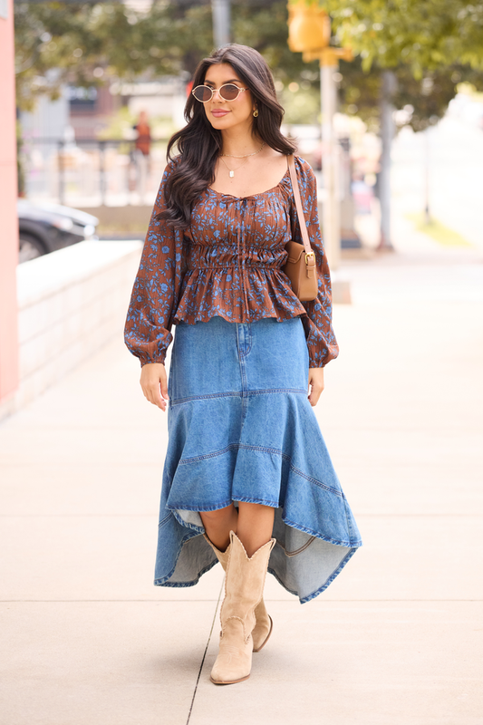 Vesper Brown And Blue Ruched Waist Top