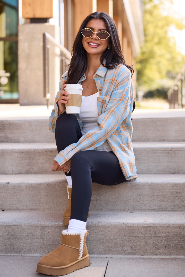 Rory Blue And Brown Plaid Flannel Button Down Top