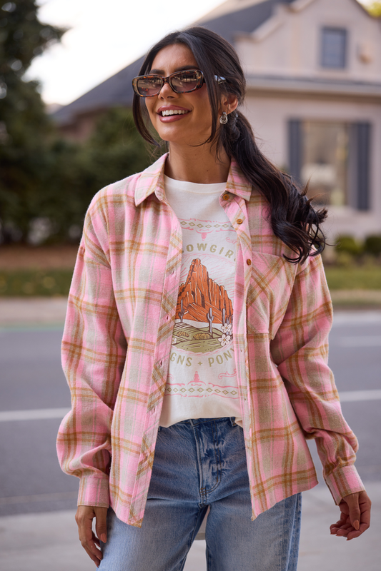 Rory Pink And Brown Plaid Flannel Top