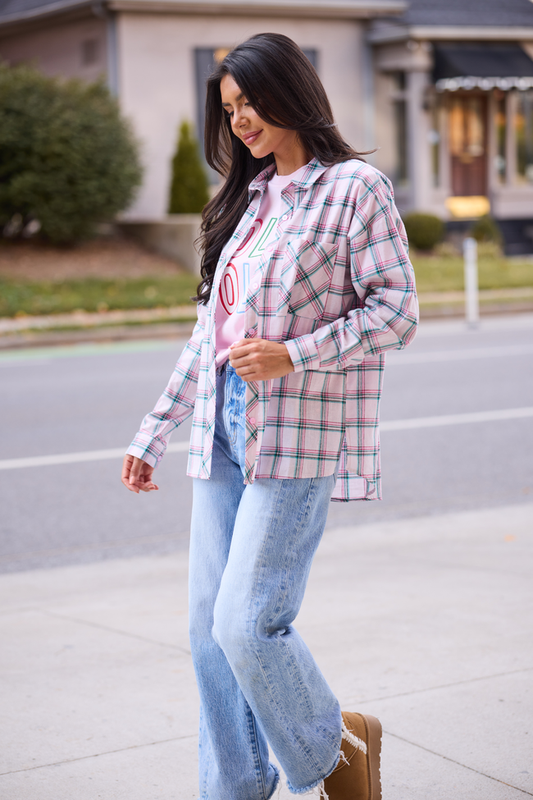 Rory Pink And Green Holiday Plaid Flannel Top