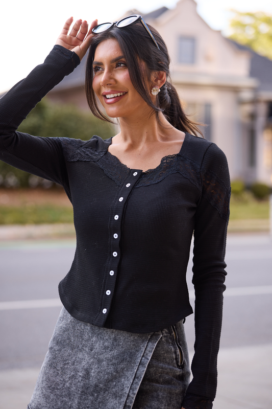 Deisa Black Lace Trim Long Sleeve Waffle Knit Top