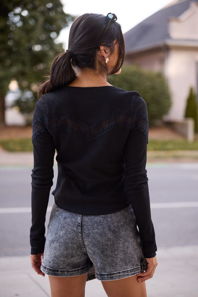 Deisa Black Lace Trim Long Sleeve Waffle Knit Top