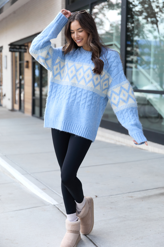 Alanis Blue Crewneck Blush Diamond Print Oversized Sweater