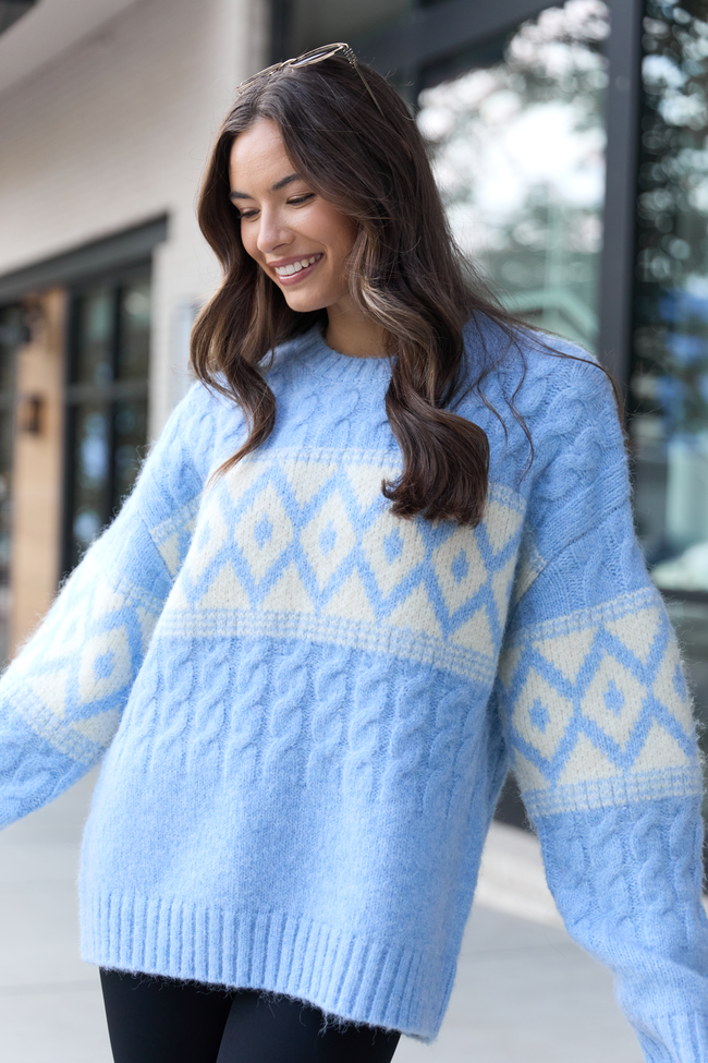 Alanis Blue Crewneck Blush Diamond Print Oversized Sweater