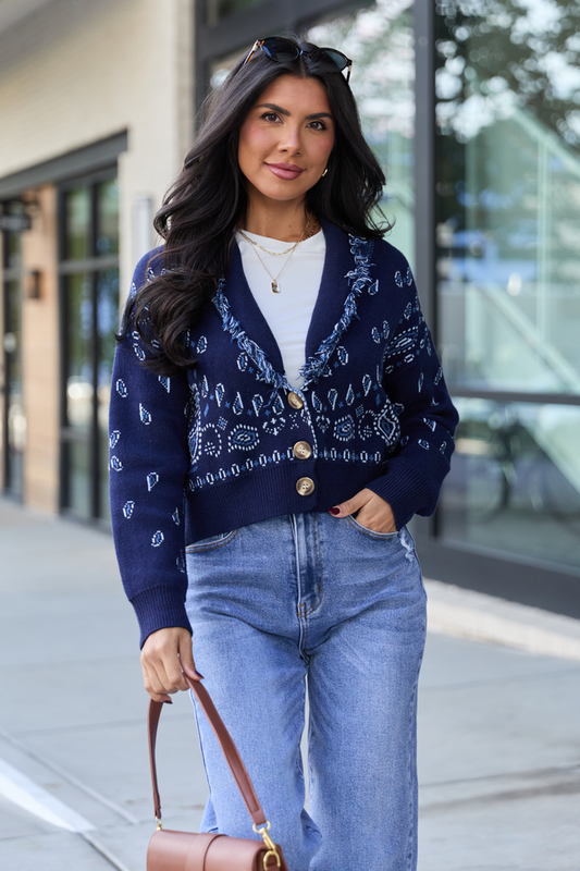 Zendaya Navy Blue Fringe Paisley Print Cardigan SALE