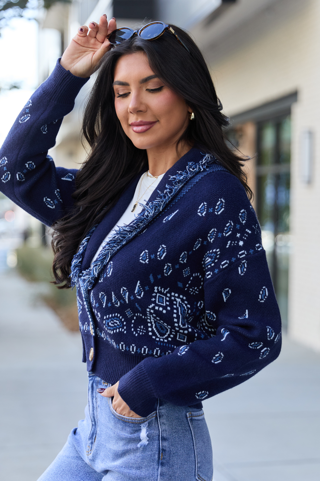 Zendaya Navy Blue Fringe Paisley Print Cardigan SALE