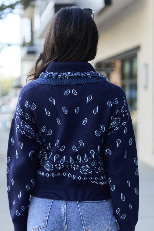 Zendaya Navy Blue Fringe Paisley Print Cardigan SALE