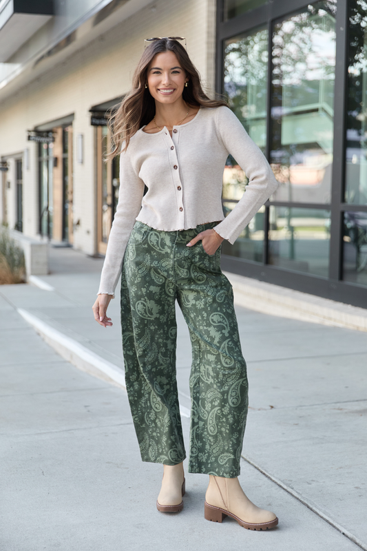 Courtney Olive Paisley Barrel Pants