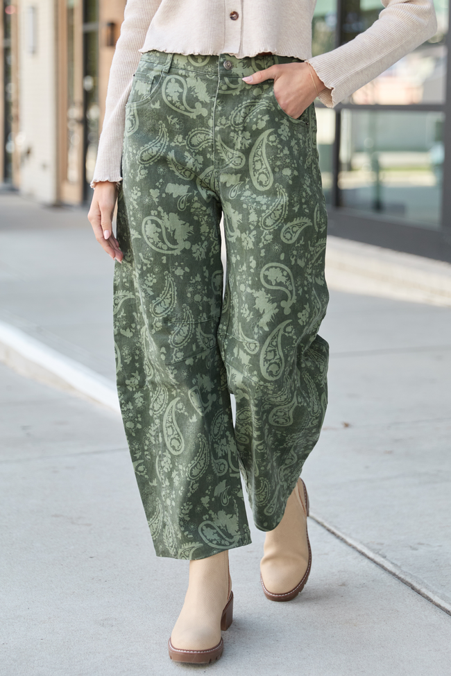 Courtney Olive Paisley Barrel Pants