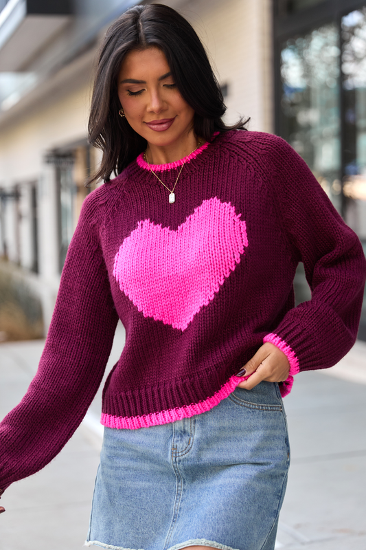 Cheyanne Burgundy And Pink Heart Crewneck Sweater SALE