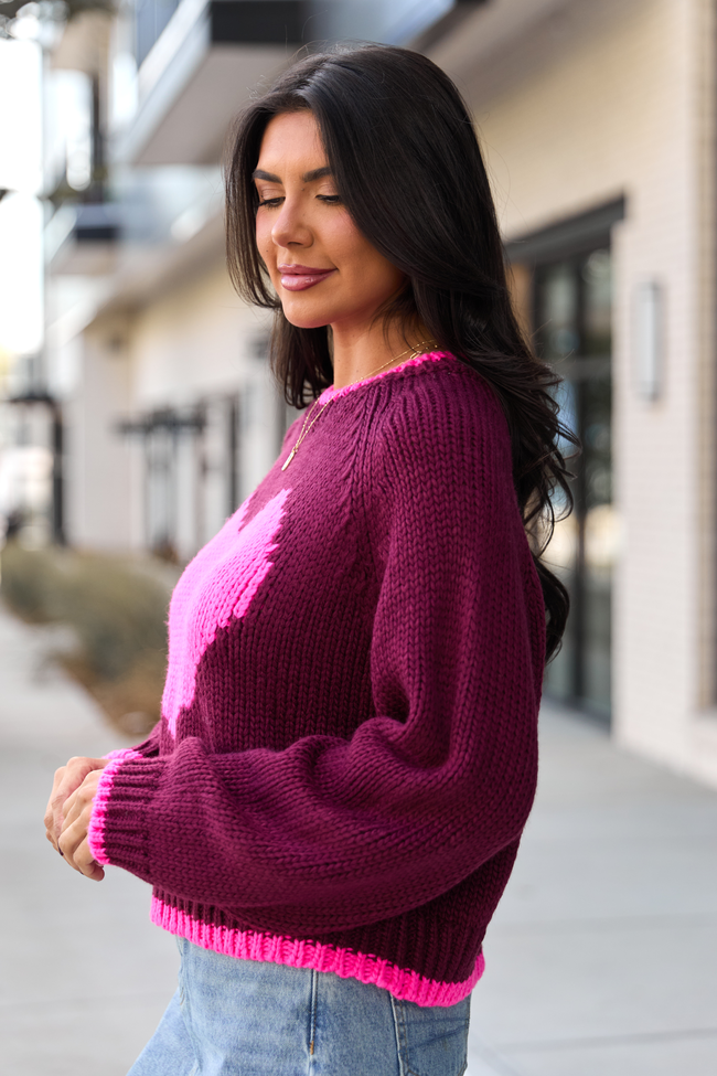 Cheyanne Burgundy And Pink Heart Crewneck Sweater SALE
