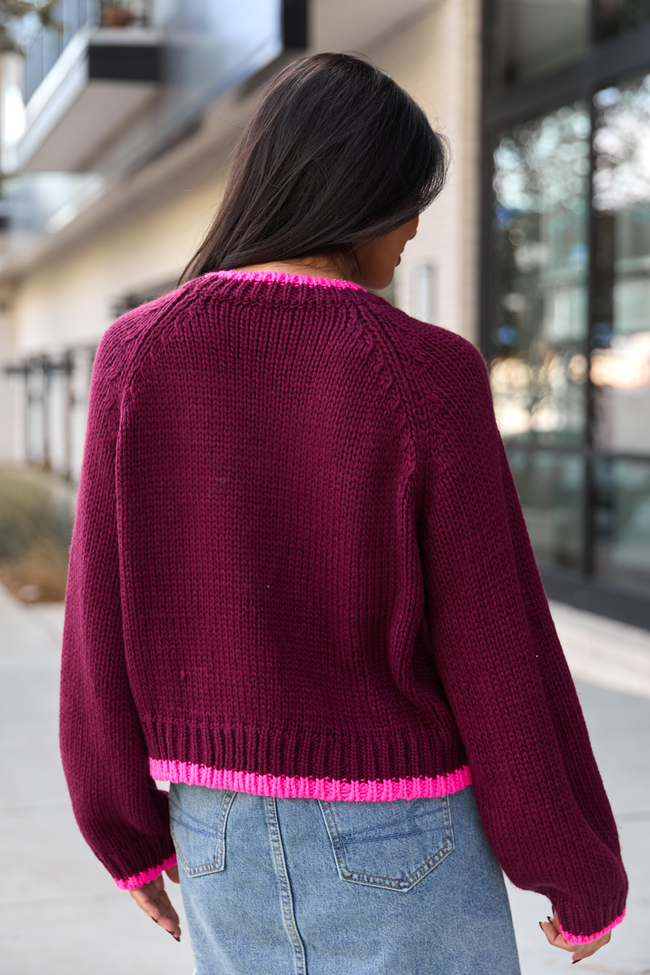 Cheyanne Burgundy And Pink Heart Crewneck Sweater SALE