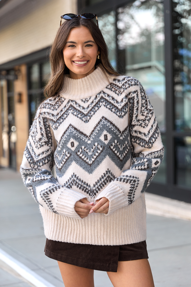 Maralyn Grey And Cream Fair Isle Oversized Turtleneck Sweater SALE