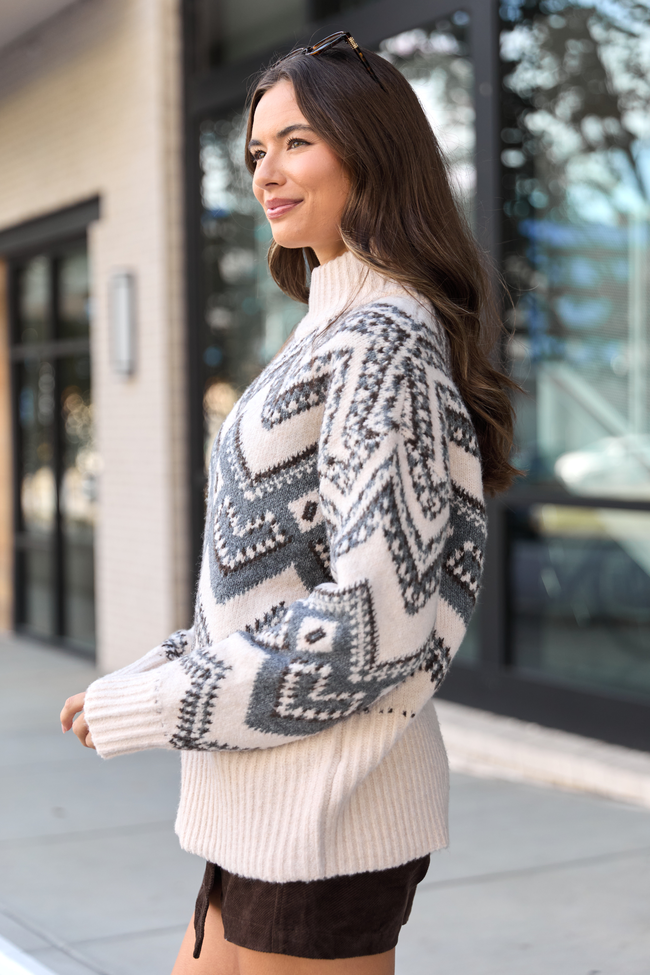 Maralyn Grey And Cream Fair Isle Oversized Turtleneck Sweater SALE