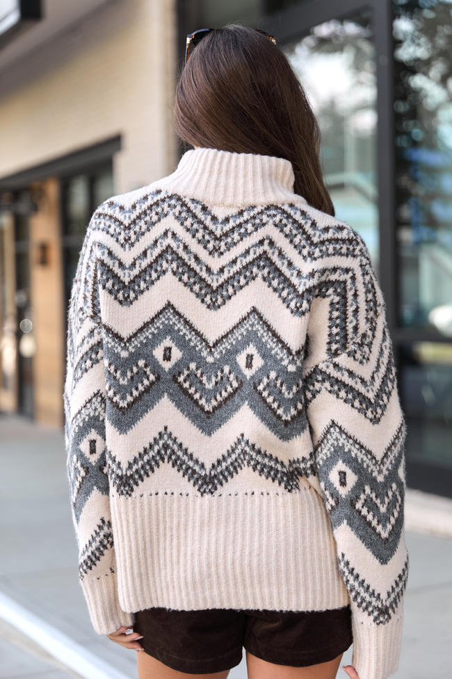 Maralyn Grey And Cream Fair Isle Oversized Turtleneck Sweater SALE