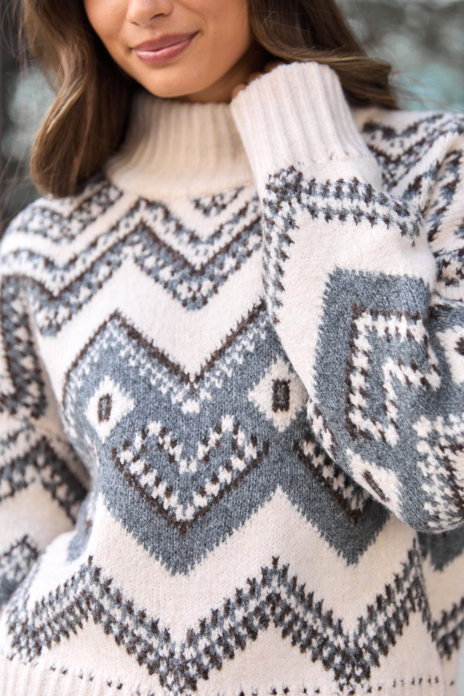 Maralyn Grey And Cream Fair Isle Oversized Turtleneck Sweater SALE
