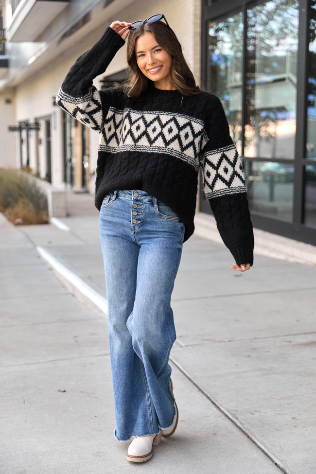 Alanis Black Crewneck Blush Diamond Print Oversized Sweater