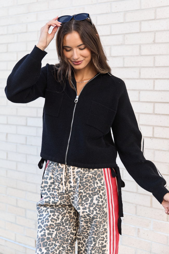 Kimmy Black with Ivory Stripes Full Zip Sweater SALE