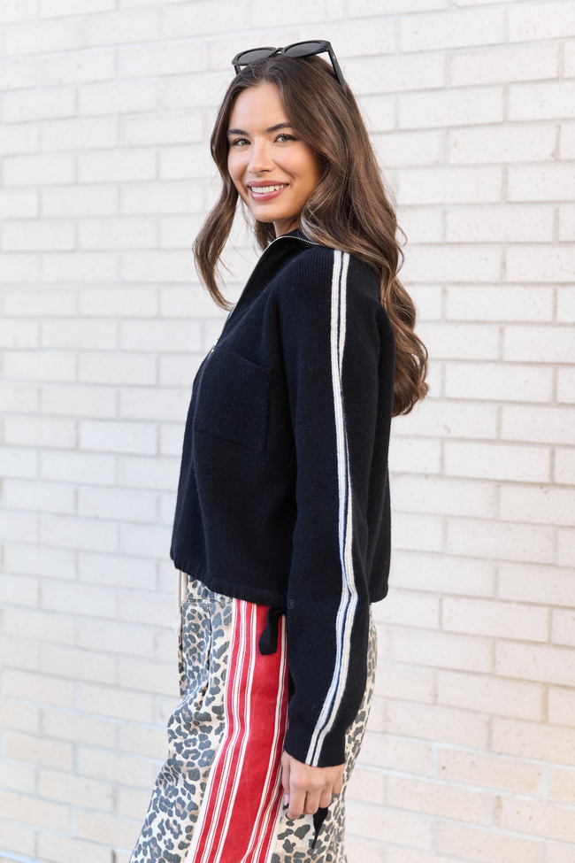 Kimmy Black with Ivory Stripes Full Zip Sweater SALE