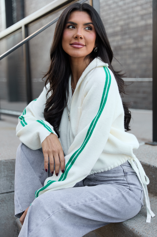 Kimmy Ivory with Green Stripes Full Zip Sweater SALE