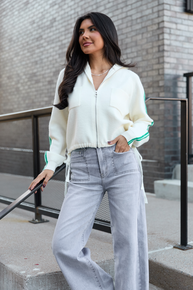 Kimmy Ivory with Green Stripes Full Zip Sweater SALE