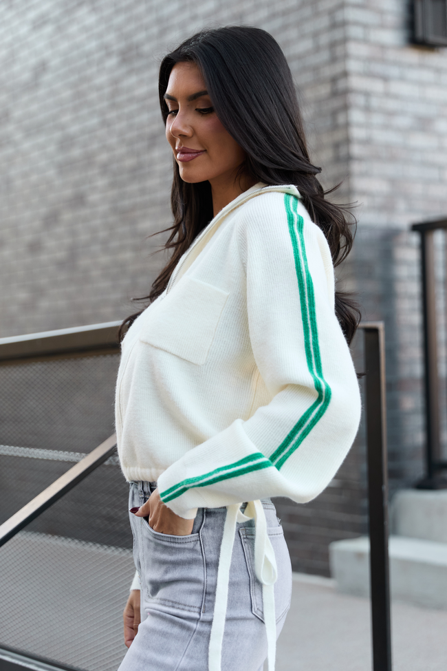 Kimmy Ivory with Green Stripes Full Zip Sweater SALE