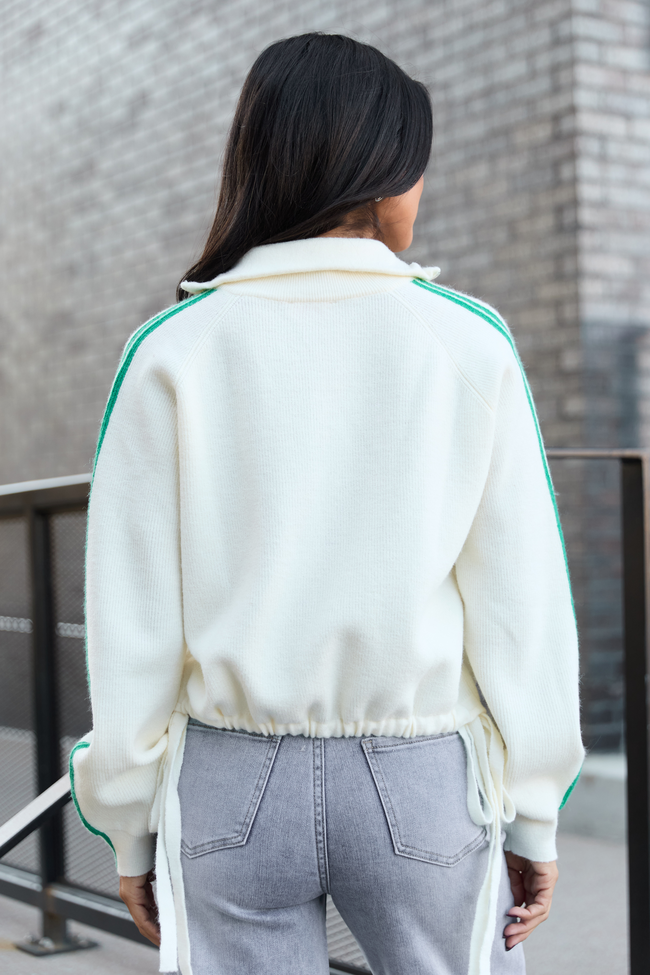 Kimmy Ivory with Green Stripes Full Zip Sweater SALE